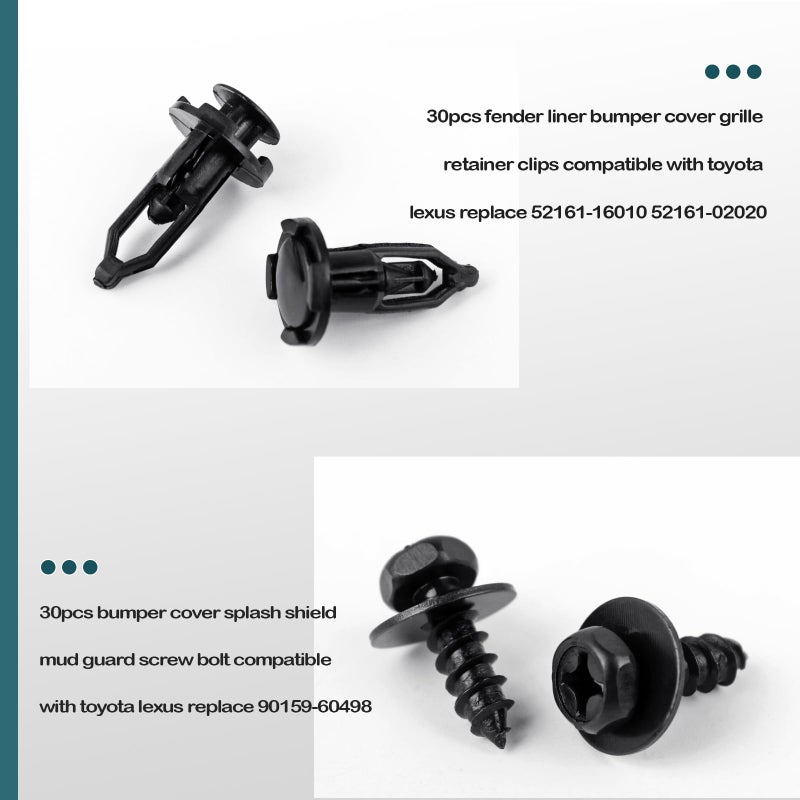 UNIGT 4 in 1 Body Bumper Screw Bolt 90159-60498 with 52161-16010 Fender Liner Clips Compatible with Toyota Lexus Wheel Well Liner Retainers 90189-06013 90189-06065- 121pcs - Image 5